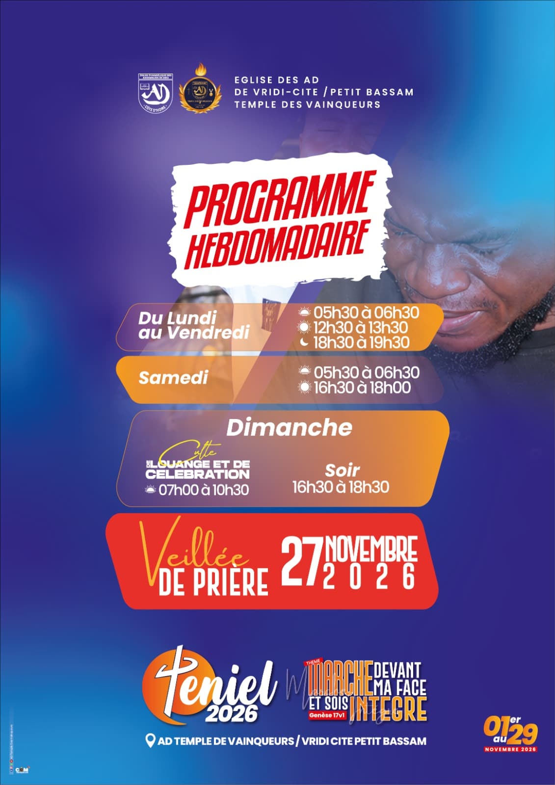 Affiche du programme hebdomadaire de PENIEL 2026 : horaires de prière du lundi au dimanche et veillée de prière du 27 novembre 2026